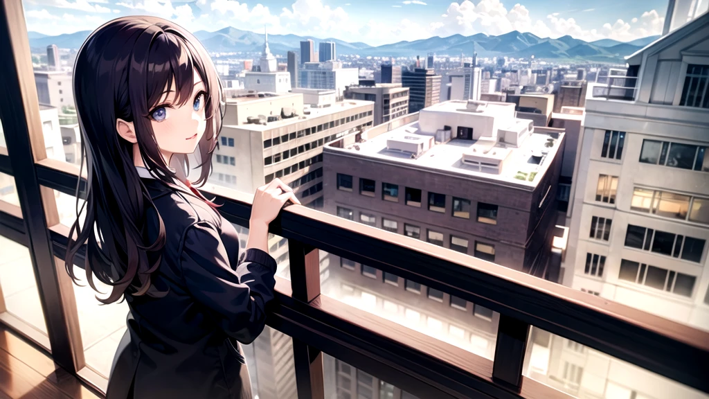 Girl looking at the view from a hotel room