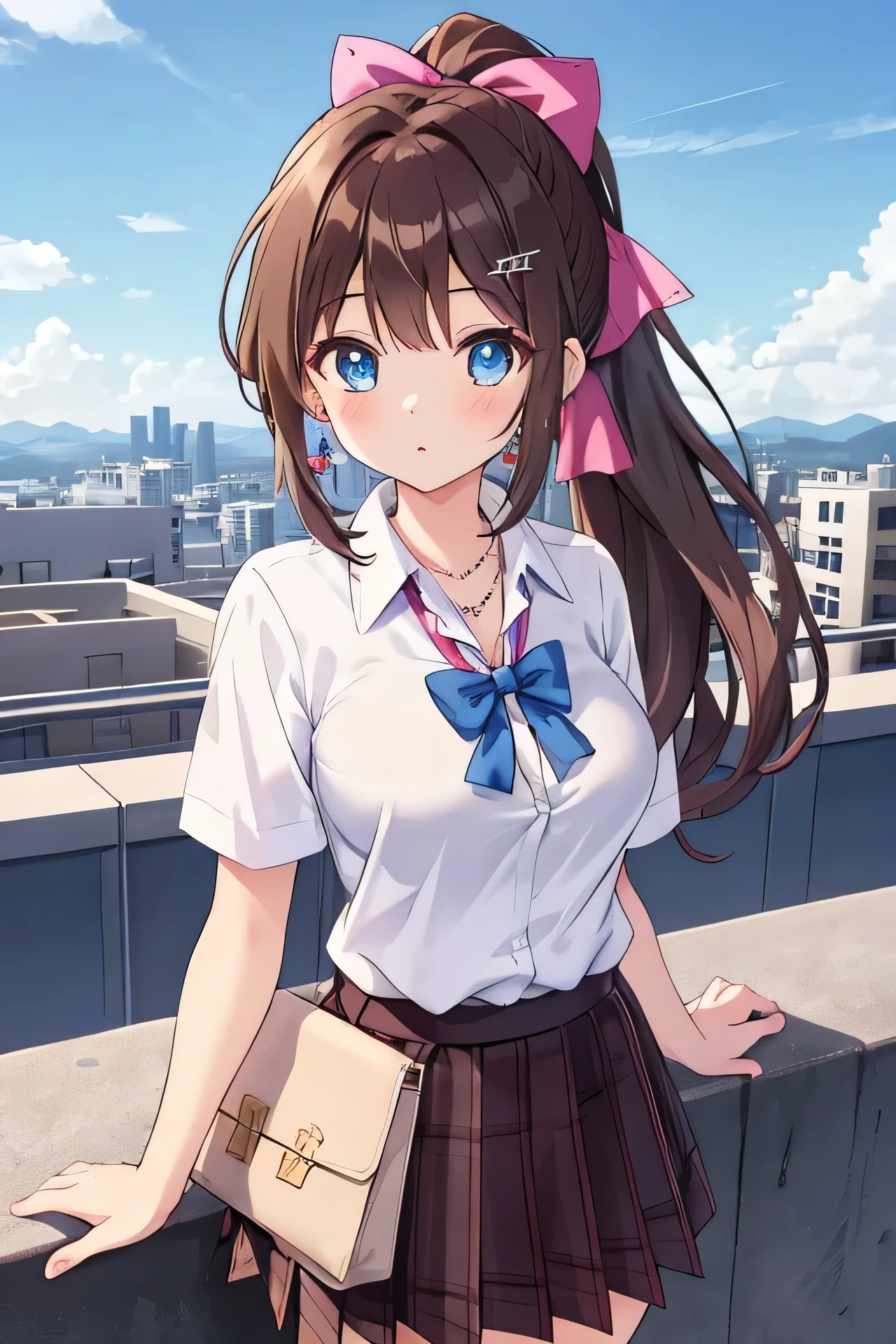 masterpiece, best quality, extremely detailed, anime style, 1girl, blue eyes, brown hair, 8K, 4K, Spectacular view, colorful, busty, (beautiful detailed eyes), (pretty eye), (perfect eyes), perfect face, kawaii, cute, Expressionless, F/1.8, diamond shaped eyes, ponytail, girl, student, day, hair ribbon, hair accessory, (bow:1.2), collared shirt, (sleeves rolled up:1.3), short sleeves, plaid skirts, school rooftop, cardigan on the waist, clothes come off, high school girl tie, necklace, earrings, asymmetrical bangs