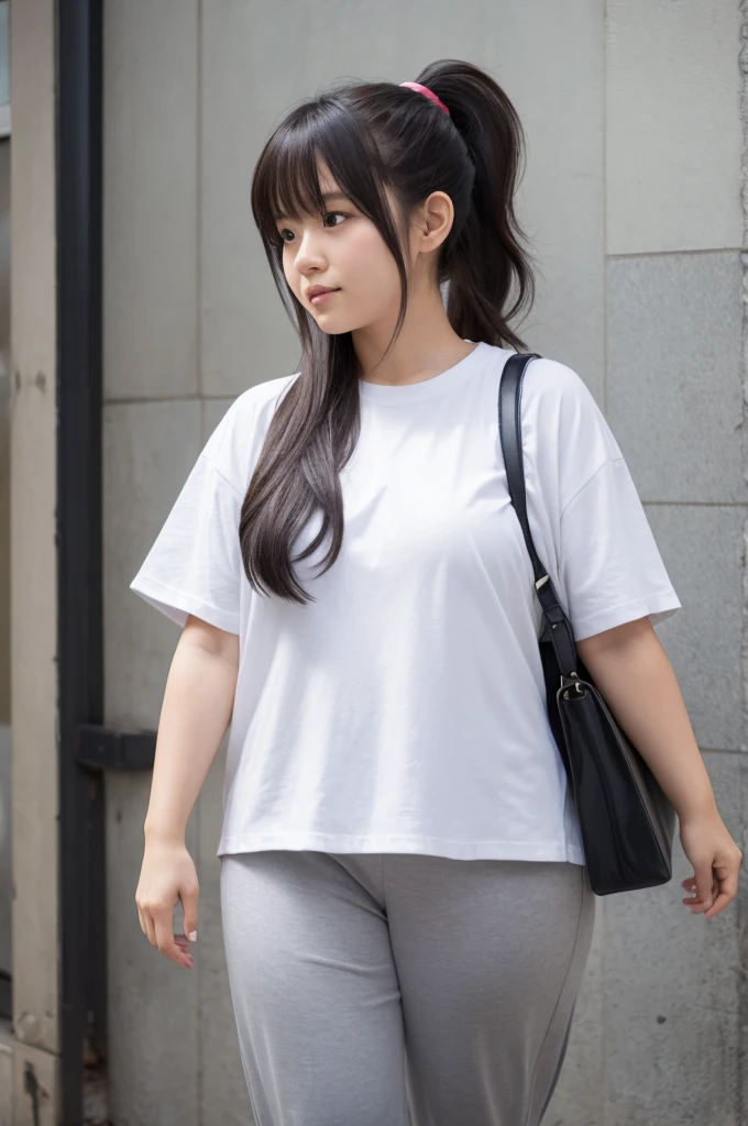 japanese modest girl,unkempt and damaged hair,white t-shirt,jersey gray pants,large tareme,curvy,ponytail,
