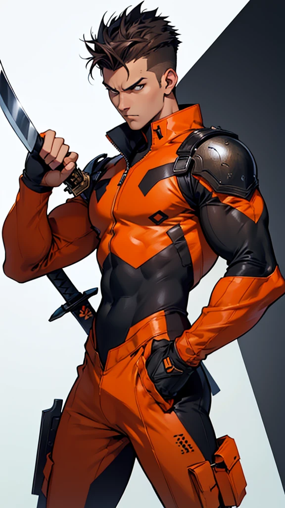 Adult Male, sword wielder, wearing an orange and black accented bodysuit, brown spiky quiff hairstyle, serious, comic design, cool pose, British 