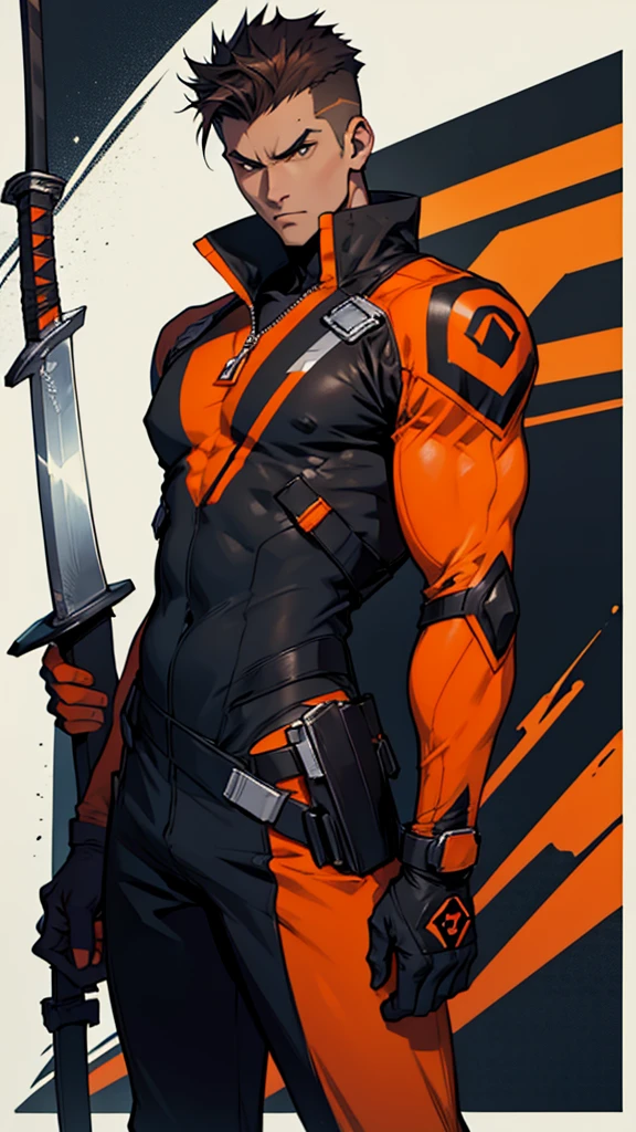 Adult Male, sword wielder, wearing an orange and black accented bodysuit, brown spiky quiff hairstyle, serious, comic design, cool pose, British