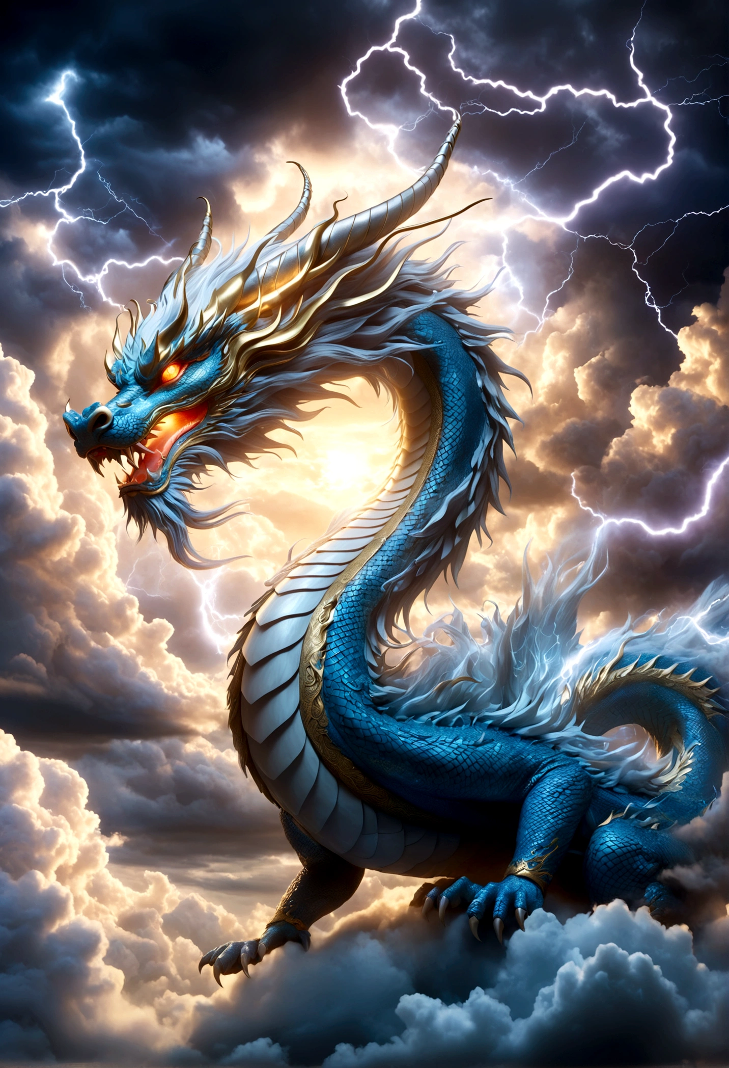 Chinese style，Chinese Mythology，Chinese dragon，Horns on the head，Eyes glow，Clouds，Heaven，Dragon in the sky，lightning，Winding and twisting，Shrouded in clouds，Vision ， highly detailed surreal vfx，oc rendering