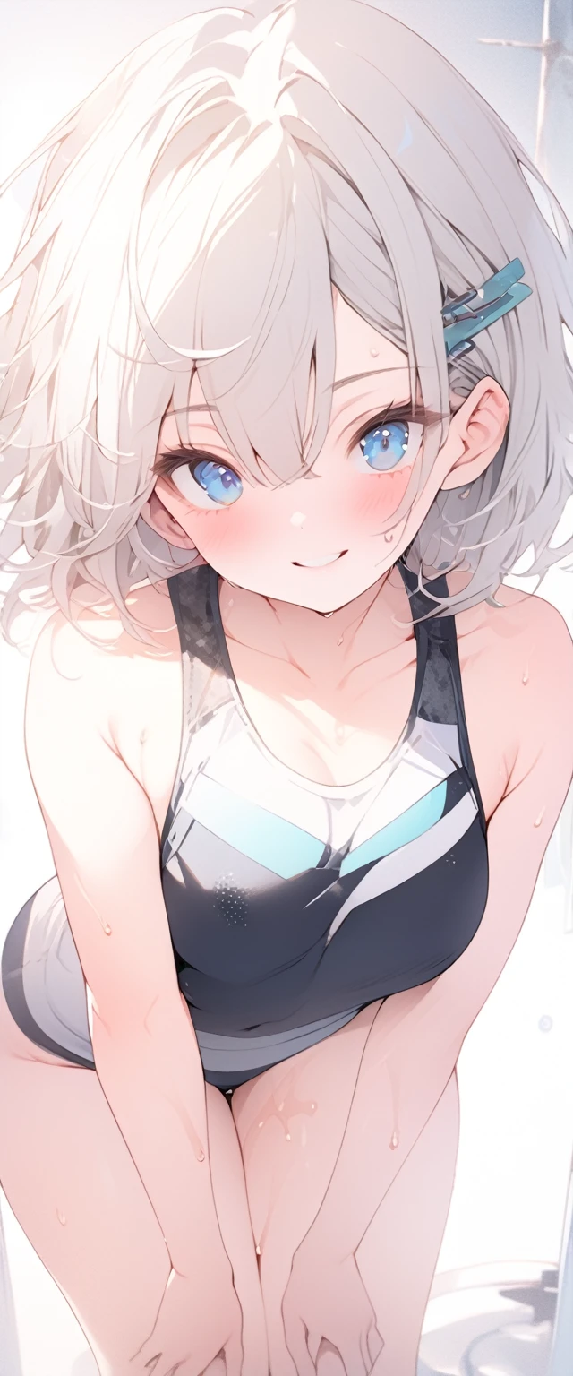 beautiful, masterpiece, Highest quality, anime, One girl, C Cup,Portrait Shot, View your viewers, Covered、Short Hair、nearby、Blue Eyes、art、、White hair,Blue streaked hair、hairpin、Cute smile、Thighs、Cute、Sweat、Athletics、navel、separate