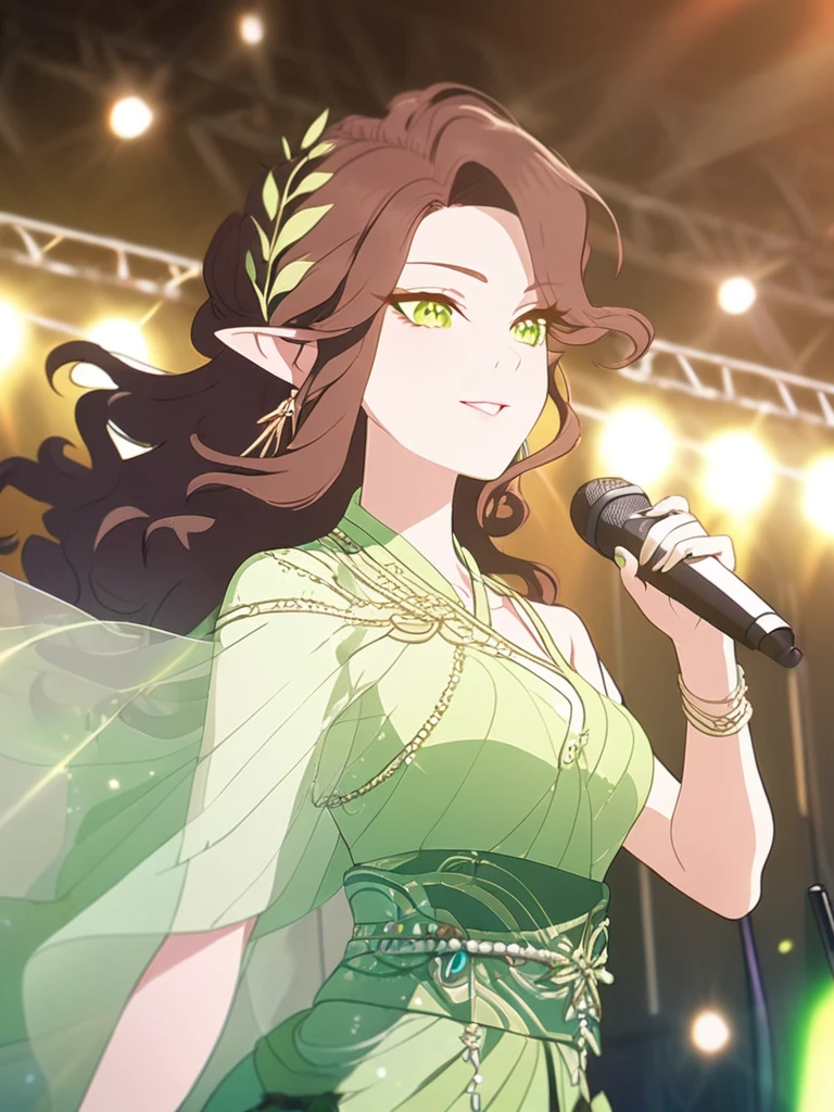 1femboy, beautiful, elven, brown hair, long curly hairstyle, glowing green eyes, concert, singer, elegant, traditional thai costume,