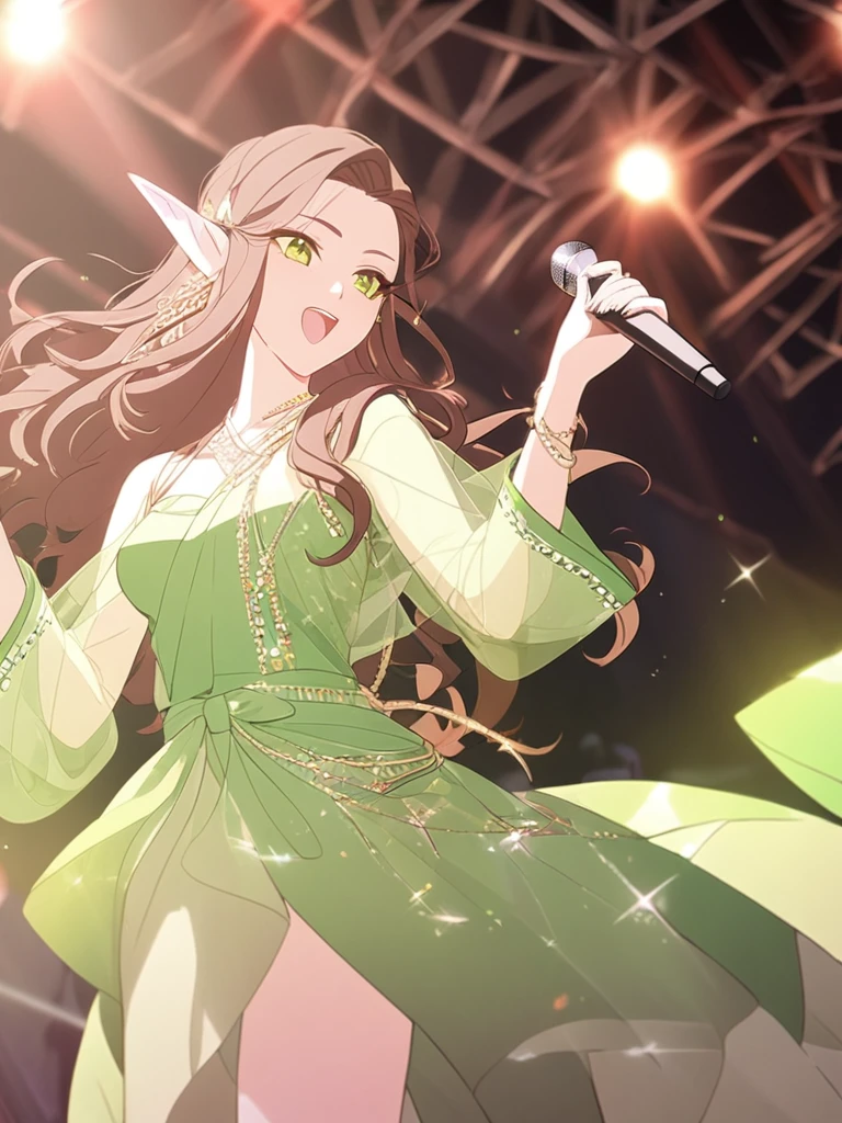 1femboy, beautiful, elven, brown hair, long curly hairstyle, glowing green eyes, concert, singer, elegant, traditional thai costume,