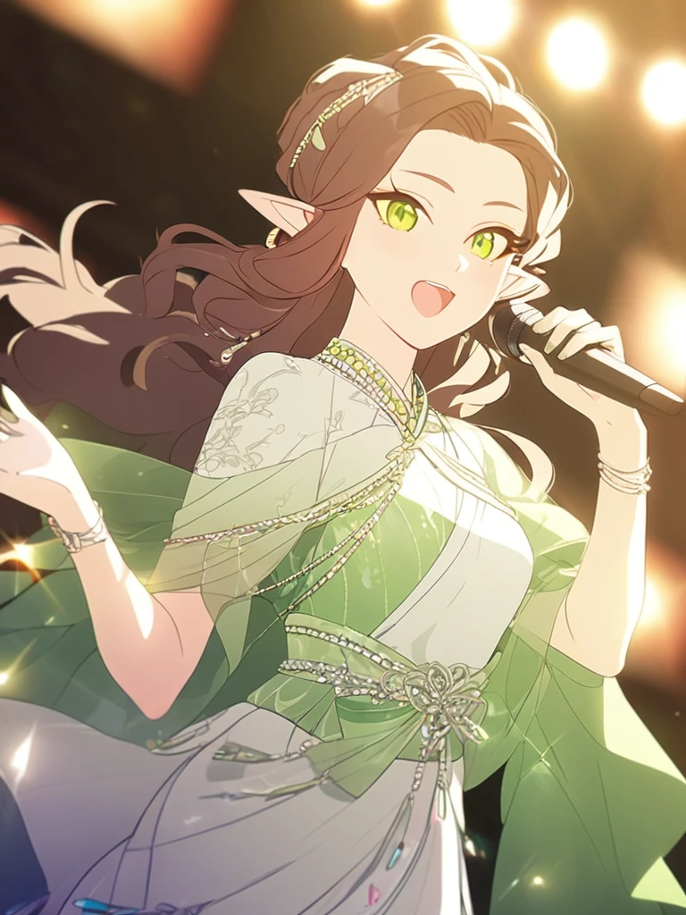 1femboy, beautiful, elven, brown hair, long curly hairstyle, glowing green eyes, concert, singer, elegant, traditional thai costume,