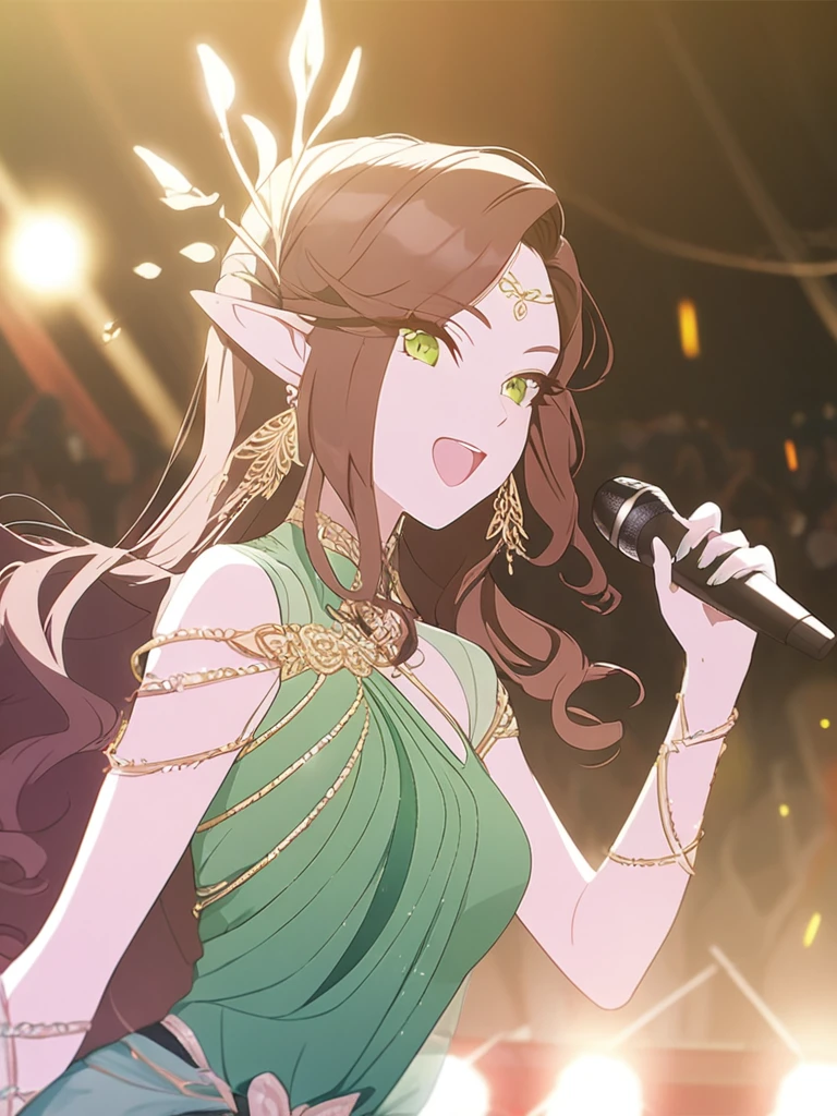 1femboy, beautiful, elven, brown hair, long curly hairstyle, glowing green eyes, concert, singer, elegant, traditional thai costume,