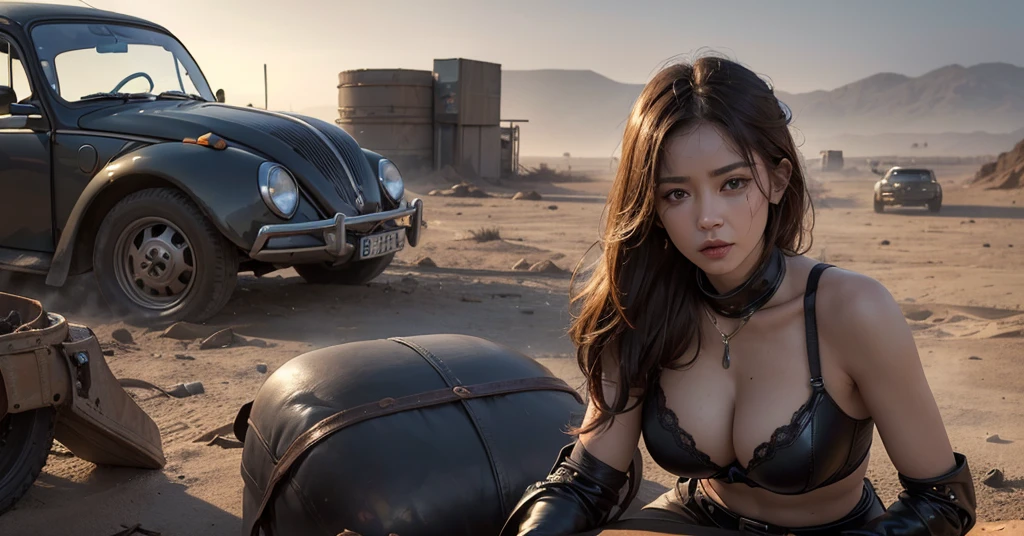 (an extremely beautiful woman looking at camera, detailed face, long hair, sexy bra, tight-fitting leather pants), soft colors, dirty, dusty, realistic lighting and shadowing, highres, ultra-detailed, 1 woman stands in the foreground,cowboy lens,Cinematic lighting effects, very busty, pistols, gun, tool belt, camera is near the ground looking up at the woman, upper body, (ultra-detailed,best quality,highres:1.2),(realistic:1.37),post-apocalyptic,desert wasteland,barren landscape,ruined city,vehicle wreckage,sandstorm,fierce sunlight,dusty atmosphere,war-torn,ragged clothing,spiked vehicles,,dystopian,desolate,futuristic,grim,gritty,action-packed,toned down colors,dirt, dusty, foggy, evening sun,harsh lighting, hippy vw beetle