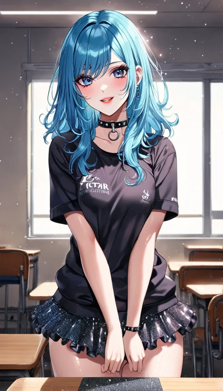 High quality, photo quality, professional finish, pretty beauty, ((total glitter particles: 1.7)), Grace Decker, two-tone blue hair, exercise jacket, ruffle skirt, t-shirt, studded choker, punk, real hands, goth, sexy, college classroom, desk