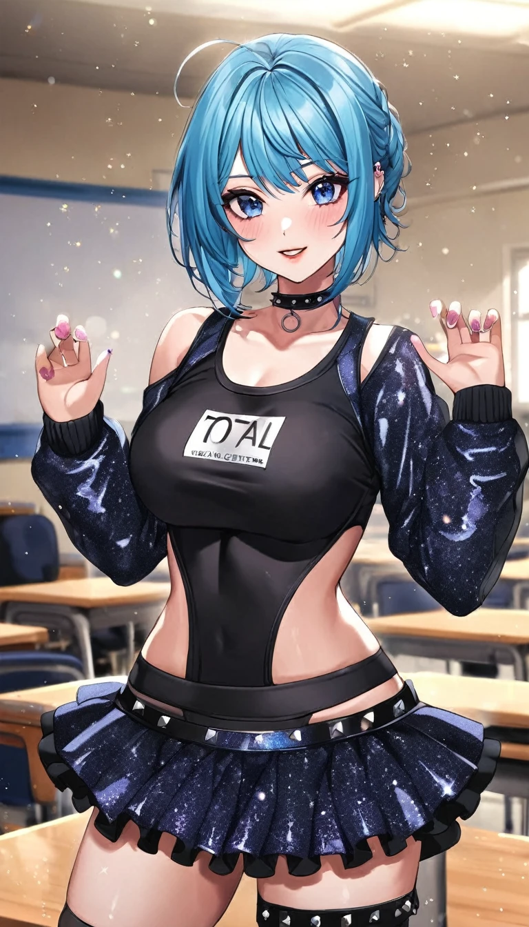 High quality, photo quality, professional finish, pretty beauty, ((total glitter particles: 1.7)), Grace Decker, two-tone blue hair, exercise jacket, ruffle skirt, t-shirt, studded choker, punk, real hands, goth, sexy, college classroom, desk