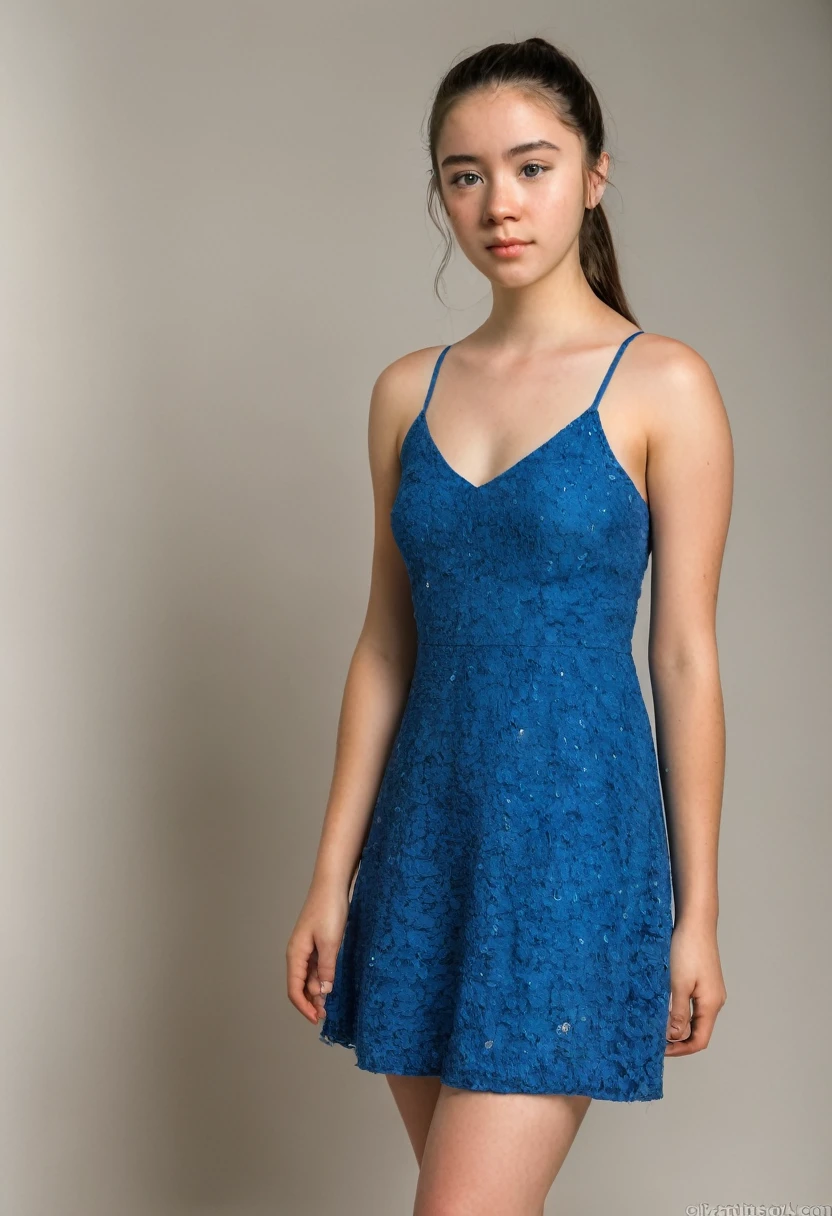 full body shot, 19 yrs old woman, 1.65m high, dark hair, ponytail, brown eyes, standing, sandals, blue dress, perfect face, (Kontakt Iris: 1.1), pale skin, some skin blemishes, several birthmarks, skin pores, low depth of field, soft light, low light, masterpiece