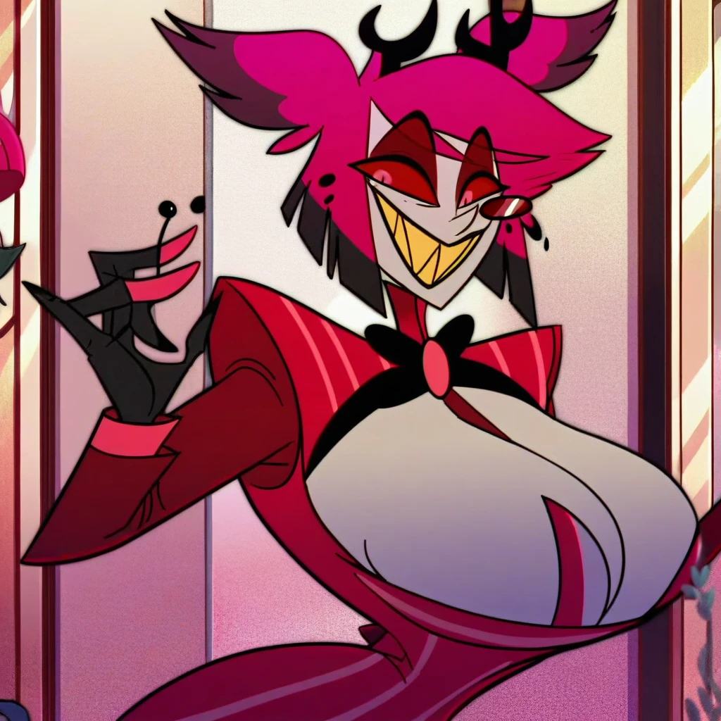 alastor, solo, 1girl, standing, (huge breasts:1.5), grey skin, red suit, monocle, BREAK score_9, score_8_up, score_7_up, score_6_up, screencap