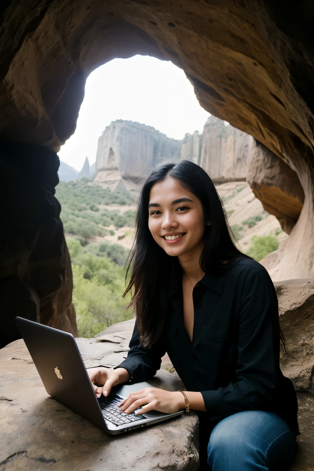 Women,smiling, textured skin, black long hair, shirt with shots , dark and mysterious cave with unique rock formations and hidden wonders, perfect , holding a diary , sitting on a couch, and a table aside with a laptop mobile and some other stuff