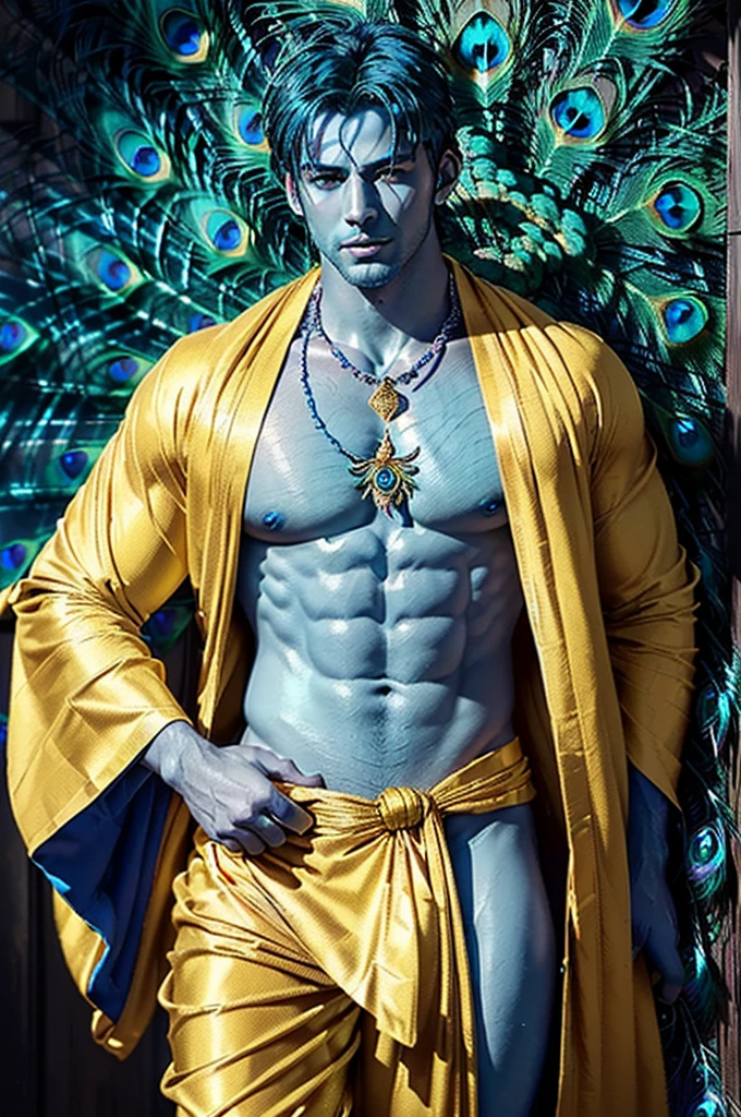 Realistic, masterpiece, 8k, high quality, cinematic lighting, Handsome man, ((blue skin complexion:1, peacock feather , beautiful man, beautiful realistic eyes, divine, full body, garlands, flower garlands, golden necklace, muscular, cheerful, yellow robe pants, beautiful cute handsome boy