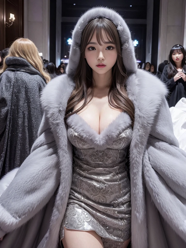 fluffyの毛皮。fluffy。Wedding dressを着た女性たちの写真。Wedding dress、Grey fur cape。Surrounded by fair-skinned adult women。Women wearing fur dresses and veils covering their faces are lined up。Beautiful women in luxurious furs。The dark dungeon of an old stone castle。Fisheye Lens、Fur coat。Multiple women。