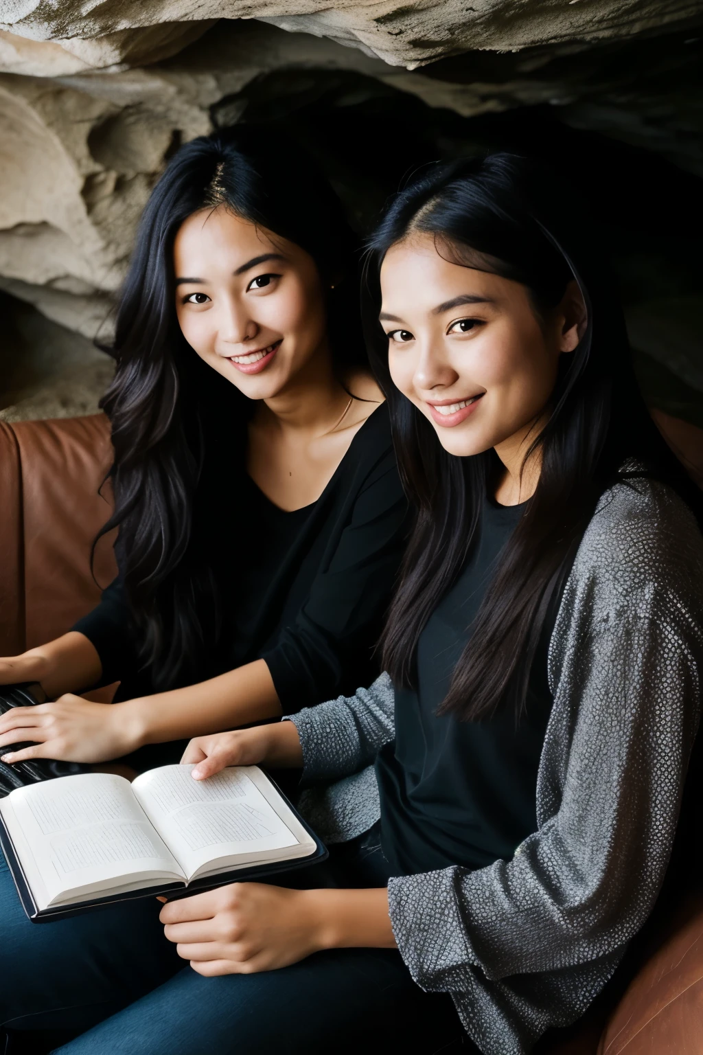 Women,smiling, textured skin,  black long hair,  shirt with shots , dark and mysterious cave with unique rock formations and hidden wonders, perfect , holding a diary , sitting on a couch, and a table aside with a laptop mobile and some other stuff 