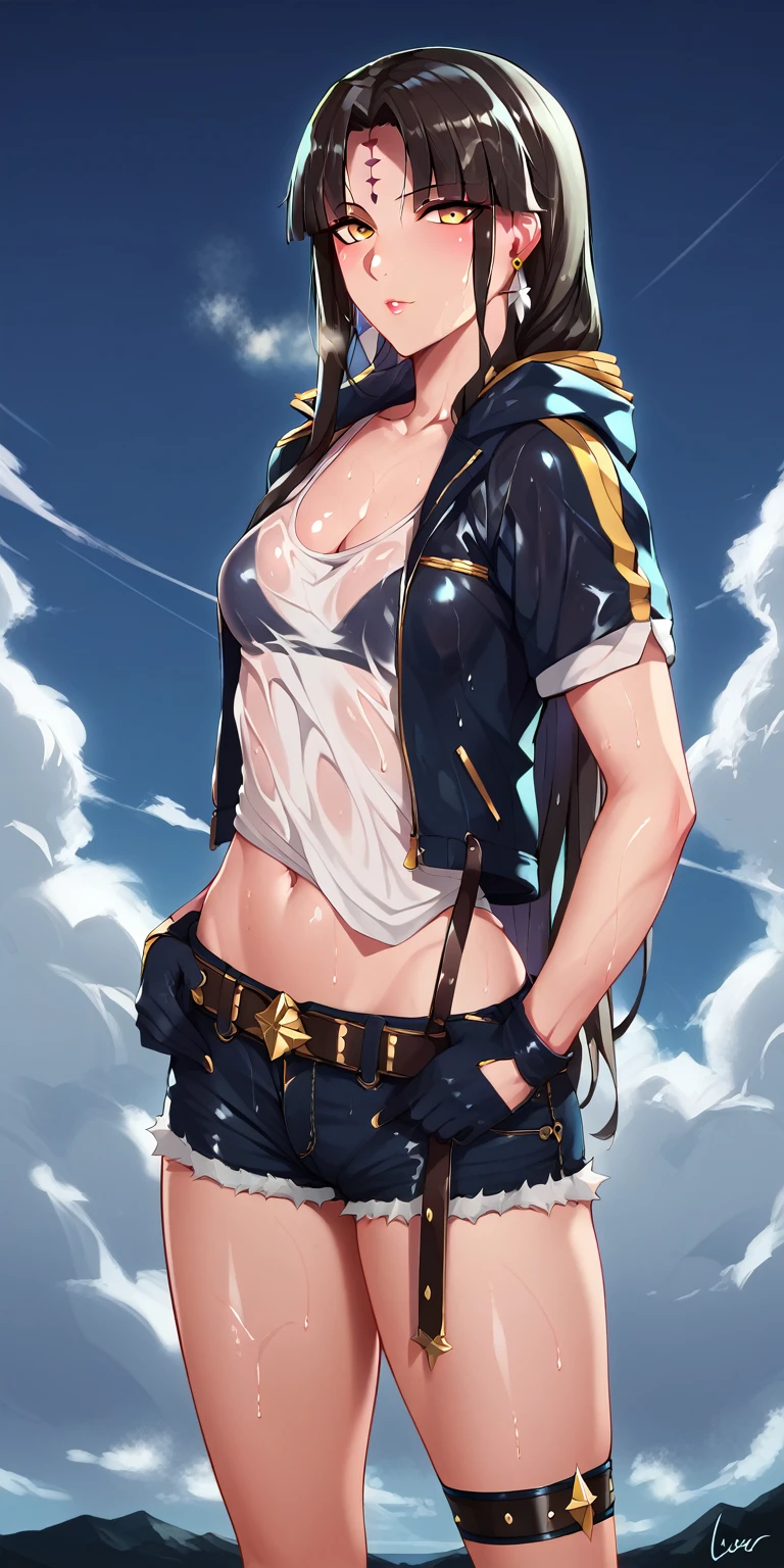 score_9, score_8_up, score_7_up, score_6_up, uncensored, Michiko_Tanaka, absurdly long hair, golden eyes, black hair, very long hair, parted bangs, forehead mark, lips, shiny skin, sweating, wet, wet hair, steaming body, heavy breathing, (small breasts:1.3), BREAK (masterpiece:1.2), best quality, high resolution, unity 8k wallpaper, (illustration:0.8), (detailed eyes:1.3), perfect lighting, extremely detailed CG, (perfect hands, perfect anatomy), 1girl, breasts, navel, solo, shorts, gloves, cloud, flower, belt, looking_at_viewer, cutoffs, earrings, jewelry, short_shorts, jacket, collarbone, smoke, black_gloves, cleavage, outdoors, stomach, standing, swimsuit,