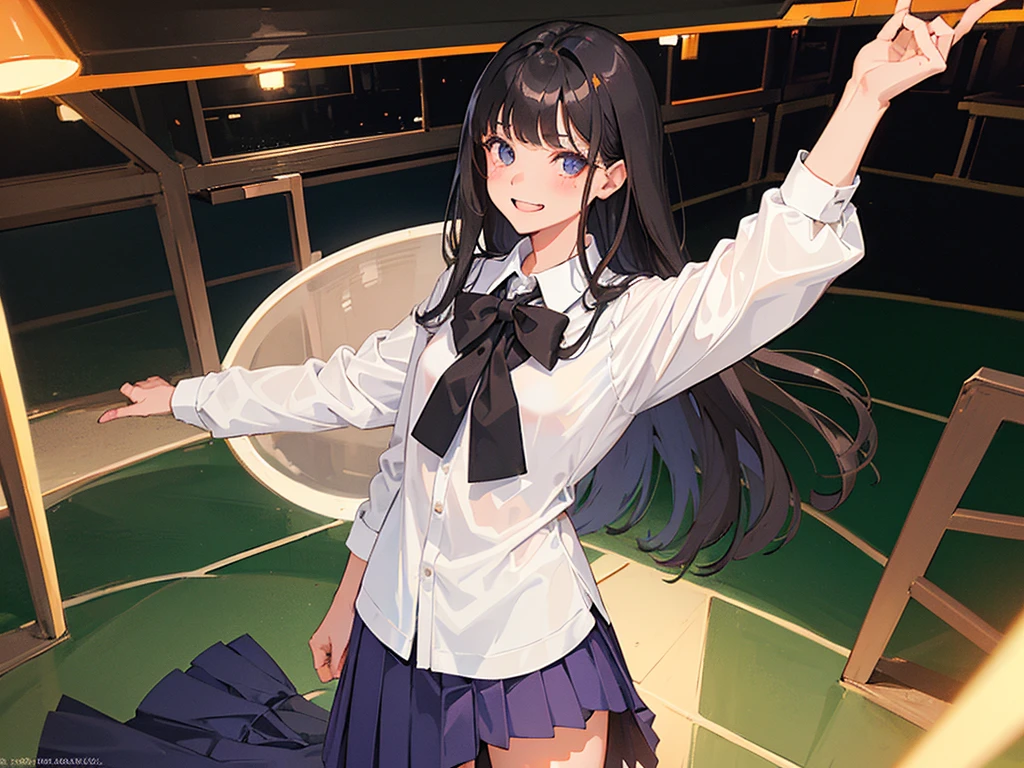 1girl, Standing upright in a classroom in a dark atmosphere in the evening, (schoolgirl uniform), long black hair,long pleated skirt, spooky smile, ((wide shot)), (looking at viewer), 18 years old, ((from front shot))