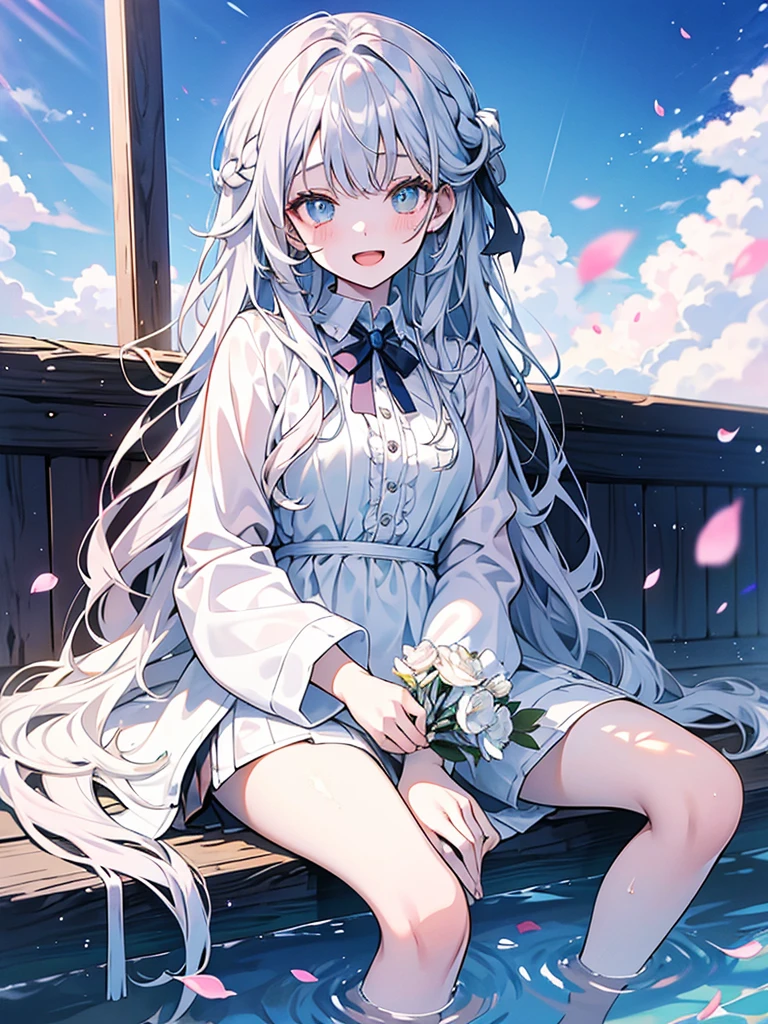 Create a masterpiece artwork of a girl with blue-pink gradient pupils, silver long hair, and dressed in white sitting by the sea. She should have brown and light teal eyes and be soaking wet due to the rain. The girl should be looking excitedly at the viewer with an open mouth while holding a bunch of flowers, showcasing the high-quality artistic style with intricate detail.