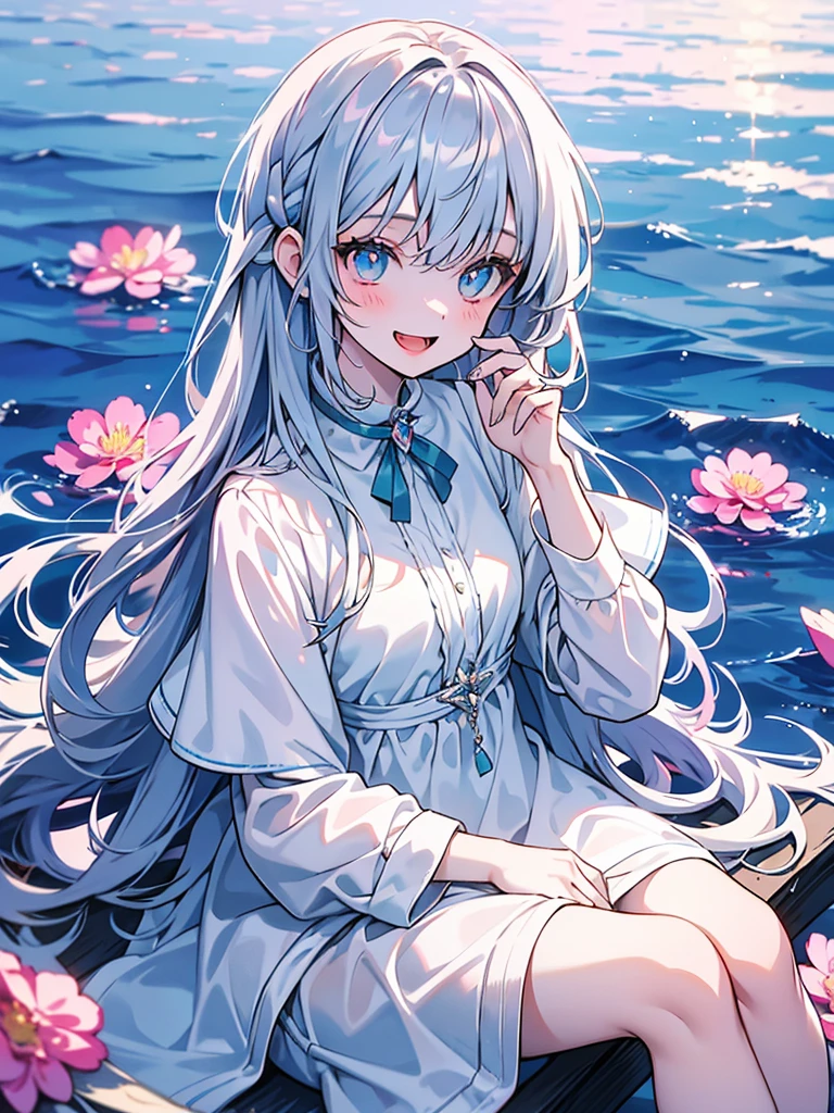 Create a masterpiece artwork of a girl with blue-pink gradient pupils, silver long hair, and dressed in white sitting by the sea. She should have brown and light teal eyes and be soaking wet due to the rain. The girl should be looking excitedly at the viewer with an open mouth while holding a bunch of flowers, showcasing the high-quality artistic style with intricate detail.