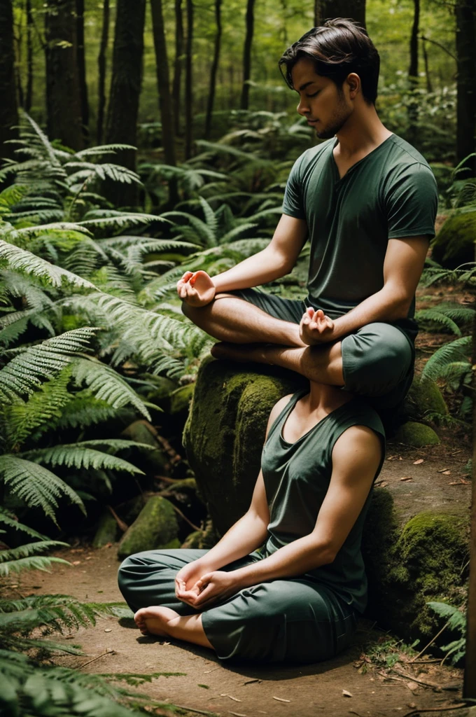 Cut to a person sitting quietly in nature, eyes closed, meditating