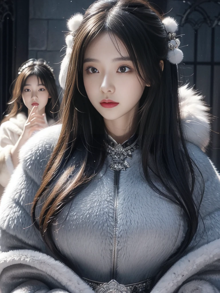 fluffyの毛皮。fluffy。Wedding dressを着た女性たちの写真。Wedding dress、Grey fur cape。Surrounded by fair-skinned adult women。Women wearing fur dresses and veils covering their faces are lined up。Beautiful women in luxurious furs。The dark dungeon of an old stone castle。Fisheye Lens、Fur coat。Multiple women。