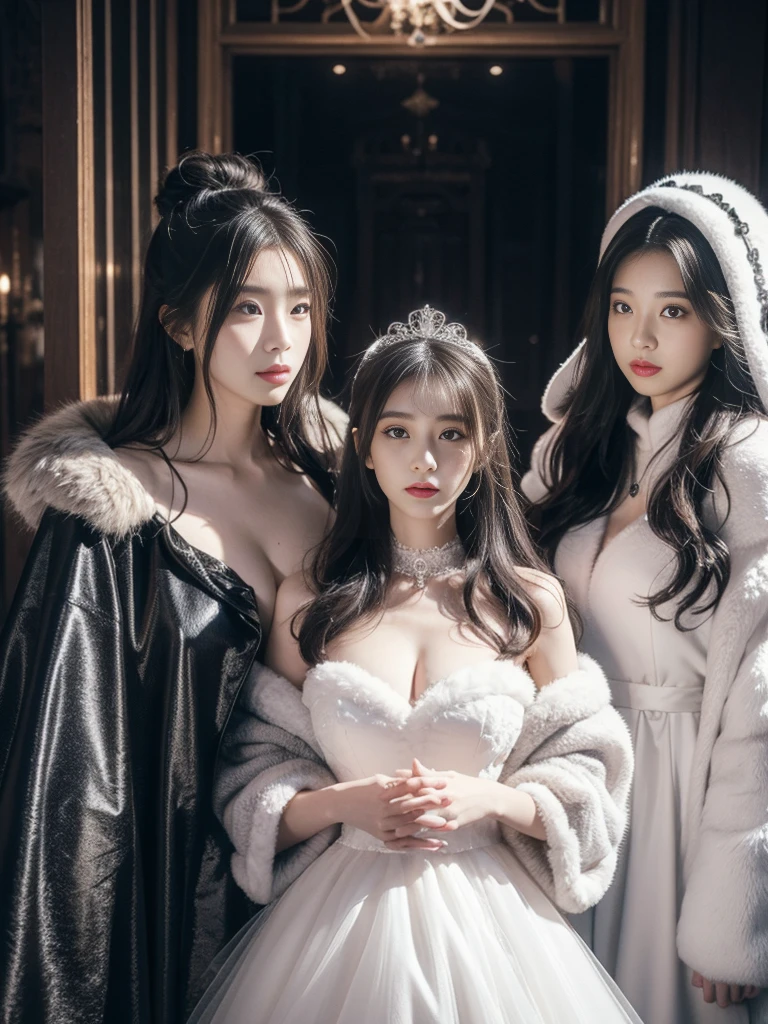 fluffyの毛皮。fluffy。Wedding dressを着た女性たちの写真。Wedding dress、Grey fur cape。Surrounded by fair-skinned adult women。Women wearing fur dresses and veils covering their faces are lined up。Beautiful women in luxurious furs。The dark dungeon of an old stone castle。Fisheye Lens、Fur coat。Multiple women。