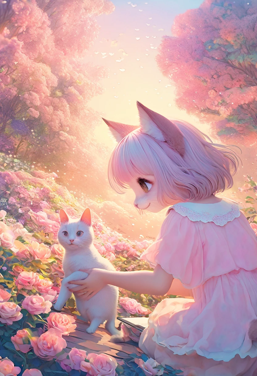 best quality, super fine, 16k, incredibly absurdres, extremely detailed, 2.5D, delicate and dynamic depiction, dog, cat and girl playing together, cute picture book-like illustration style, pastel and vivid color effect