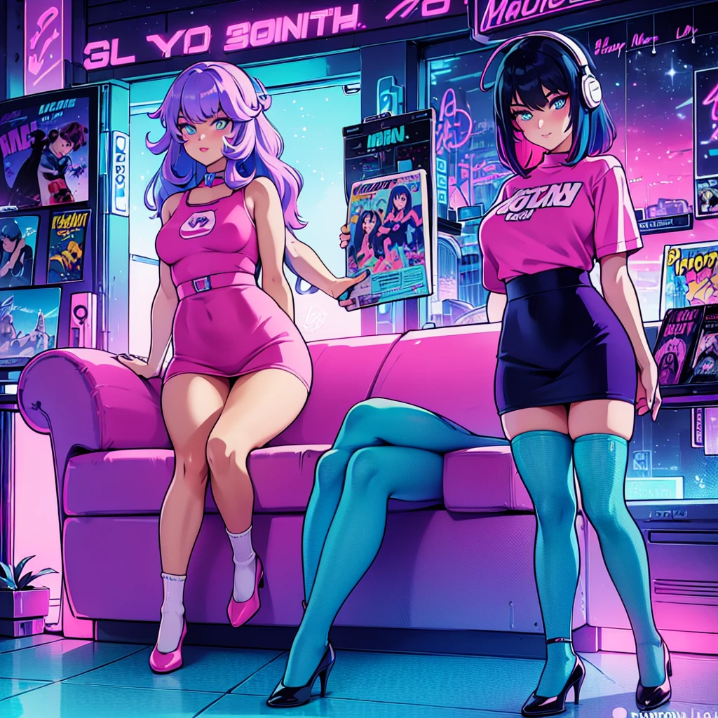 (masterpiece), Highest quality, Expressive eyes, Neon pastel aesthetics, Retro 90s, Neon color,((Girl sitting on sofa,In a cozy room,Records hanging on her wall, Comic books on the floor, Looking out the window behind her at the night city, Upholstered room, Anime figures lined up on a shelf)), Wearing headphones, (All around her it sparkles), (Wearing high socks and heels), (blue eyes), (Soft look), (Synthwave Art Style), Colorful Hair, Desk with PC set up