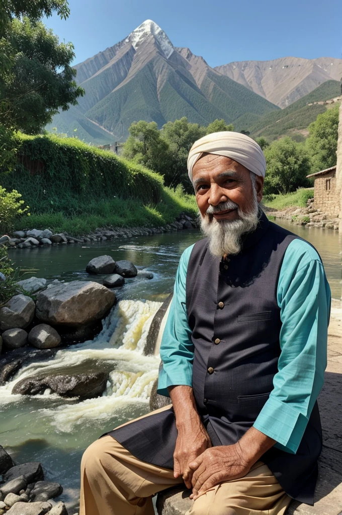 There is an old man, who is wearing a kurta and a turban on his head and he is sitting in a village and he is sitting in front of the camera. There is a mountain behind him and water is flowing from the mountain and there is a smile on the face of the old man.