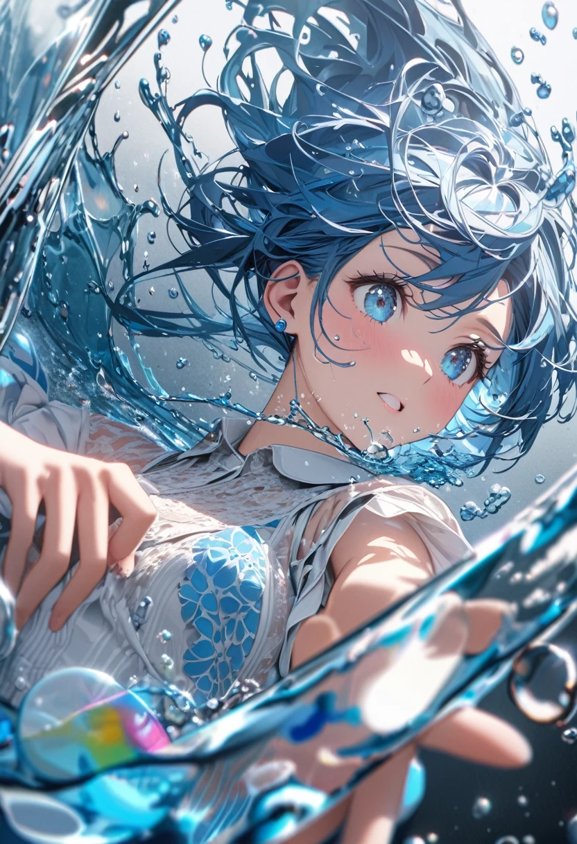 Super detailed, 8K, glass, Water in a glass, Glass Crystals, bubble, Right blue water, nice, bright、Blue Hair Girl、Splash