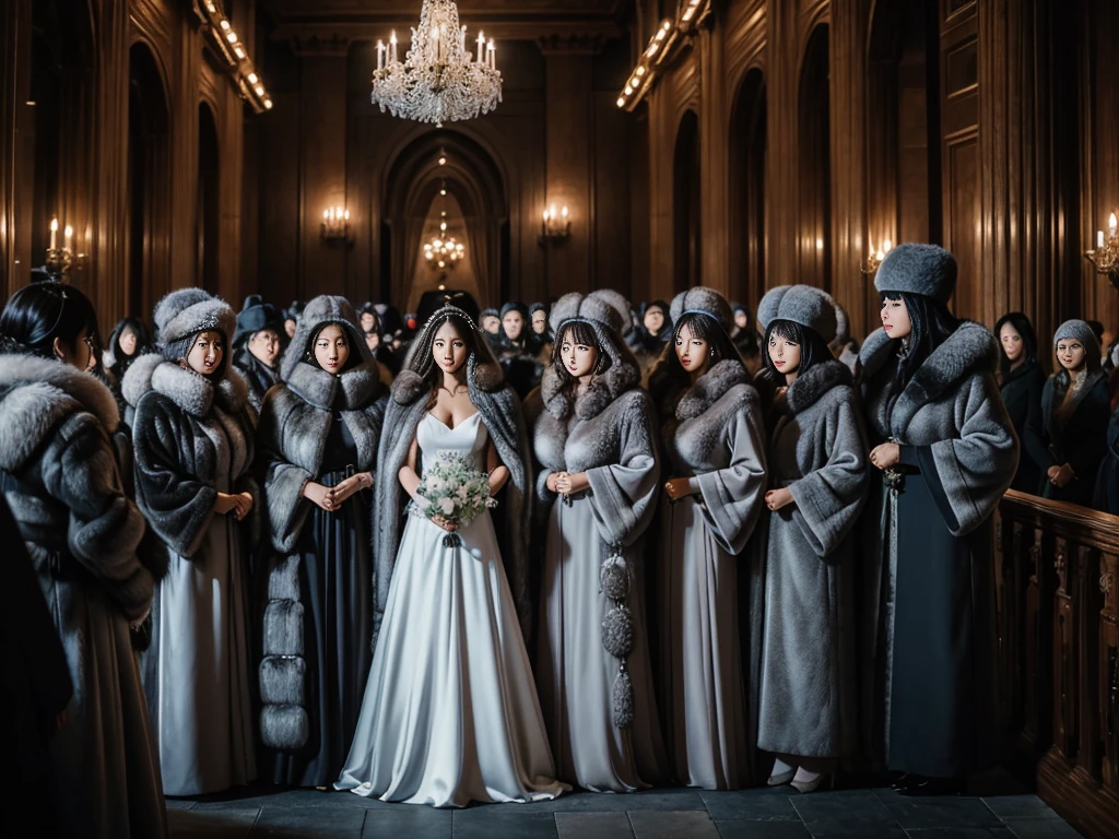 fluffyの毛皮。fluffy。Wedding dressを着た女性たちの写真。Wedding dress、Grey fur cape。Surrounded by fair-skinned adult women。Women wearing fur dresses and veils covering their faces are lined up。Beautiful women in luxurious furs。The dark dungeon of an old stone castle。Fisheye Lens、Fur coat。Multiple women。