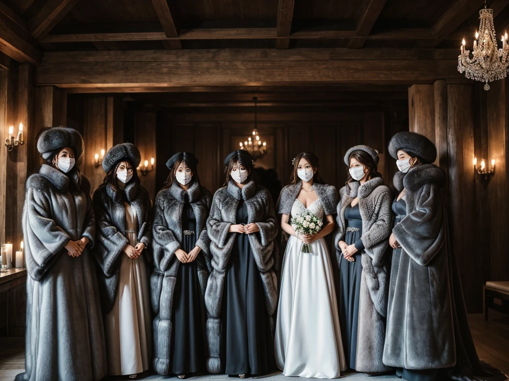 fluffyの毛皮。fluffy。Wedding dressを着た女性たちの写真。Wedding dress、Grey fur cape。Surrounded by fair-skinned adult women。Women wearing fur dresses and veils covering their faces are lined up。Beautiful women in luxurious furs。The dark dungeon of an old stone castle。Fisheye Lens、Fur coat。Multiple women。