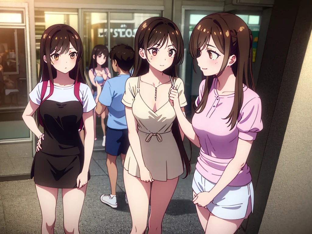 mizuharachizuru, chizuru ichinose, ((long hair)), bangs, brown hair, (brown eyes:1.5), one side up, smile, (clonealike:2), 5+girls, multiple identical girls, large breasts, thighs, shiny legs,
BREAK skirt, shirt, short sleeves, puffy sleeves, puffy short sleeves, white skirt, white short, pink shirt, white low socks, brown low shoes,
BREAK indoors, boutique outlet shop, crowd, people,
BREAK asking for bikini swimsuit clothes prices with the clerk, (cowboy shot:1.5),
BREAK (masterpiece:1.2), best quality, high resolution, unity 8k wallpaper, (illustration:0.8), (beautiful detailed eyes:1.6), extremely detailed face, perfect lighting, extremely detailed CG, (perfect hands, perfect anatomy), seductive appearance and posture, ((full body)), ((standing)), profile, left arm grab