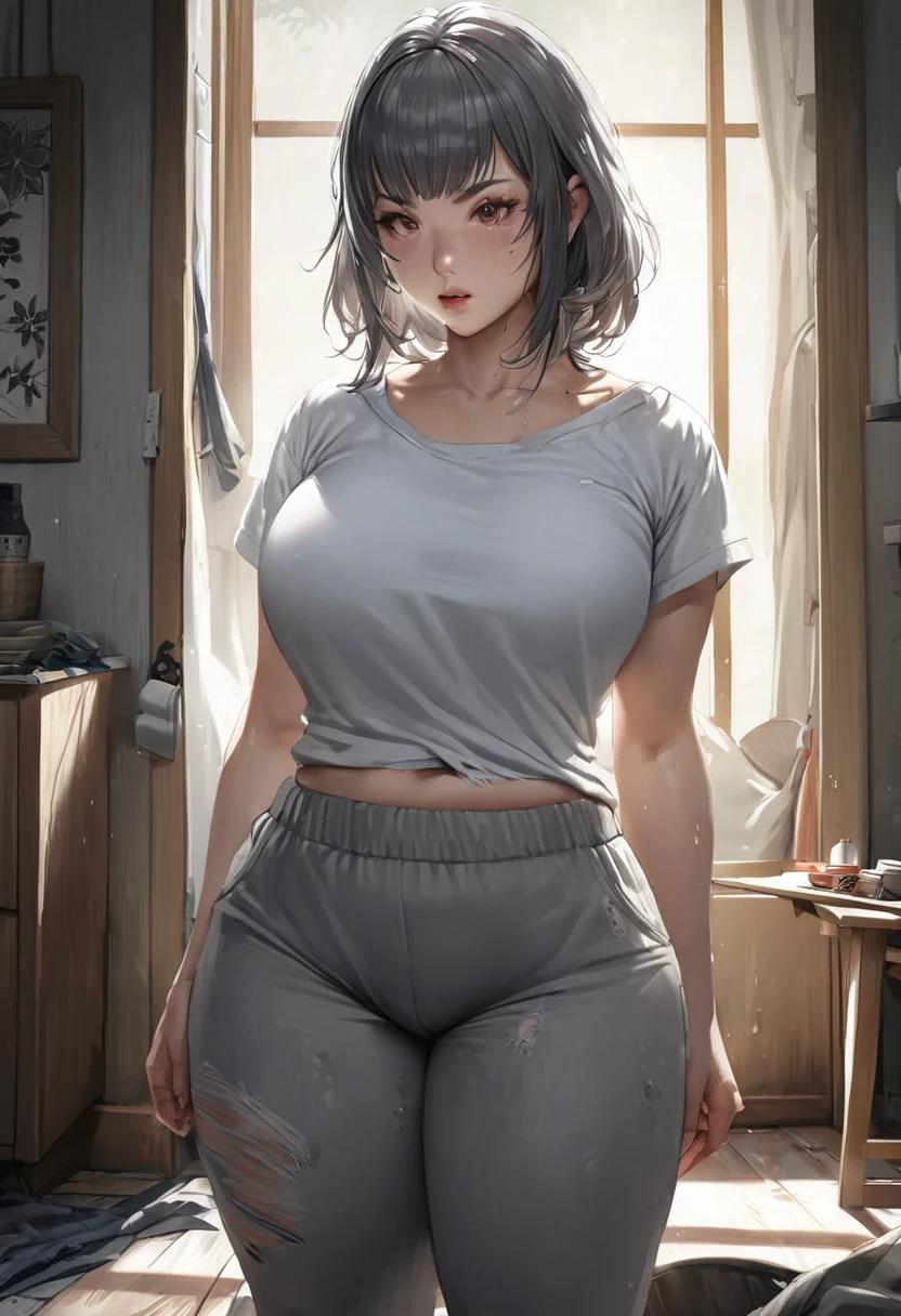 japanese modest girl,realistic anime,damaged unkempt hair,white t-shirt, gray sweat pants,large tareme,curvy,medium hair,at home,