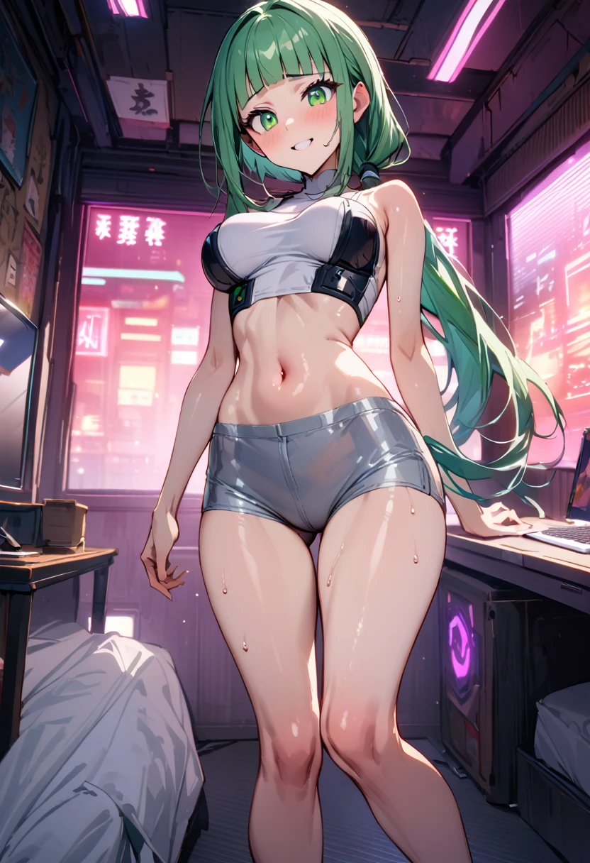 ((masterpiece,Highest quality:1.3)),1woman,30 year old beauty,独奏,(very small head:1.2),green hair,(low ponytail),long hair,blunt bangs,green eyes,gorgeous eyes,shy,smile,medium breasts,(very long body),(toned body,slender body,skinny),gleaming skin,shiny skin,(White tight T-shirt、navel、Grey wet shorts)、barefoot、standing,Simple bedroom、cyber punk、World of Blade Runner、