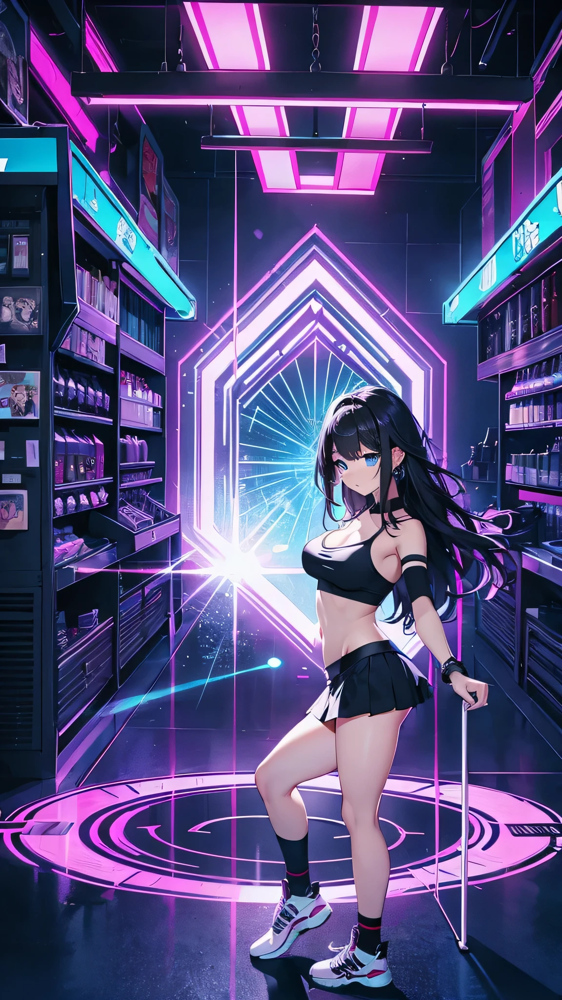最high quality、Best image quality、masterpiece、With a girl((cute、20-year-old、Best Bust、Medium Bust、Bust 85,Beautiful Blue Eyes、Spread your chest wide,Long black hair、Slender、Black sports bra、White short skirt,Show the whole body、Black perforated gloves)）high quality、Beautiful art、background((club house、Cyan lighting、Multiple purple laser points、Fitness Club、night、virtual)),Tabletop、Exquisite design、Visual Arts、Depth of written boundary、Best lighting、Highest detail、8ｋ