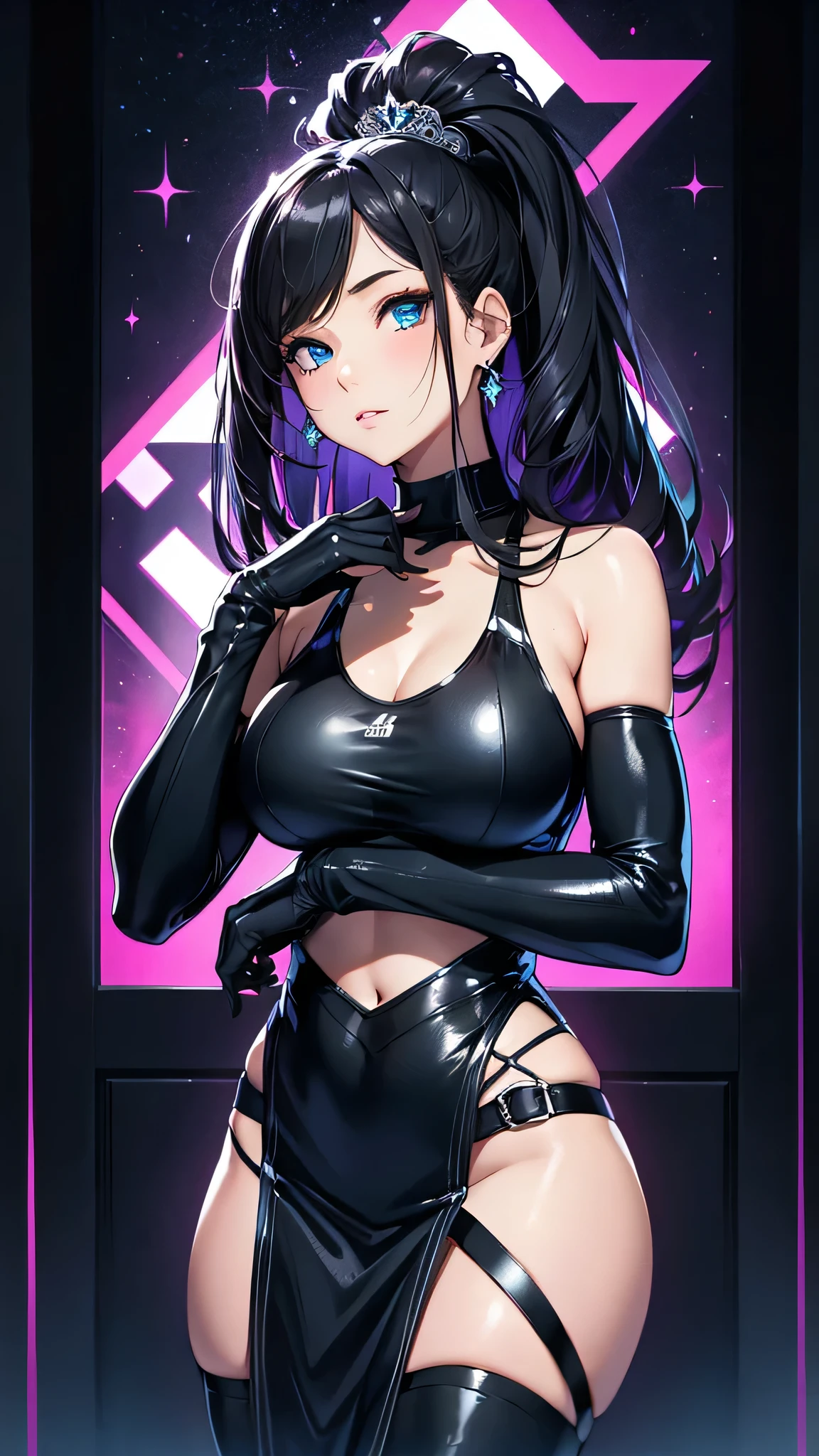 最high quality、Best image quality、masterpiece、With a girl((cute、20-year-old、Best Bust、Medium Bust、Bust 85,Beautiful Blue Eyes、Spread your chest wide,Long black hair、Slender、Black sports bra、White short skirt,Show the whole body、Black perforated gloves)）high quality、Beautiful art、background((club house、Cyan lighting、Multiple purple laser points、Fitness Club、night、virtual)),Tabletop、Exquisite design、Visual Arts、Depth of written boundary、Best lighting、Highest detail、8ｋ