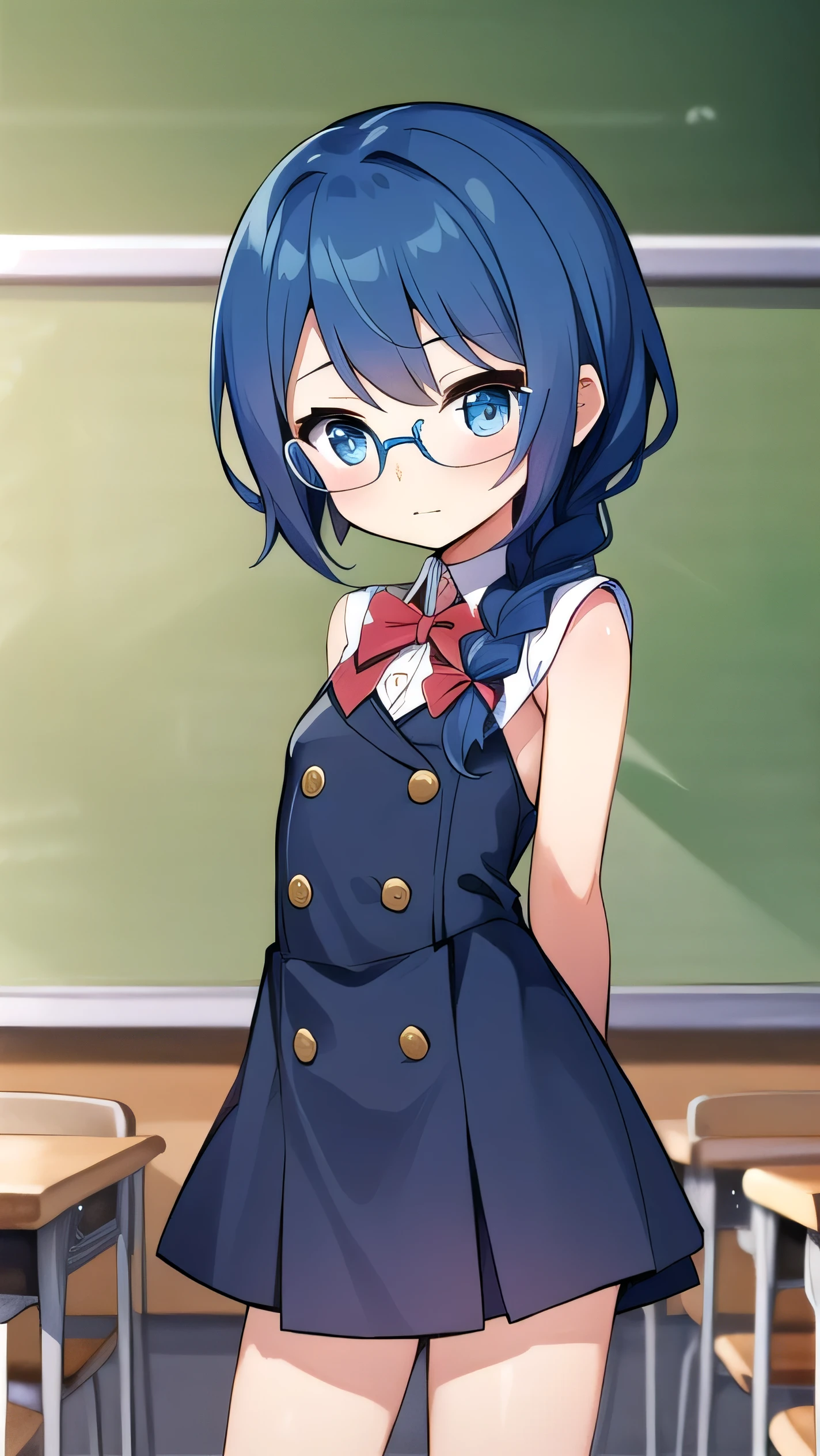 small breasted girl, short, elementary school student, blue hair, single braid, blue eyes, round eyes, shy, shy, classroom, short, young face, short height, , glasses with no edges,flat chest,