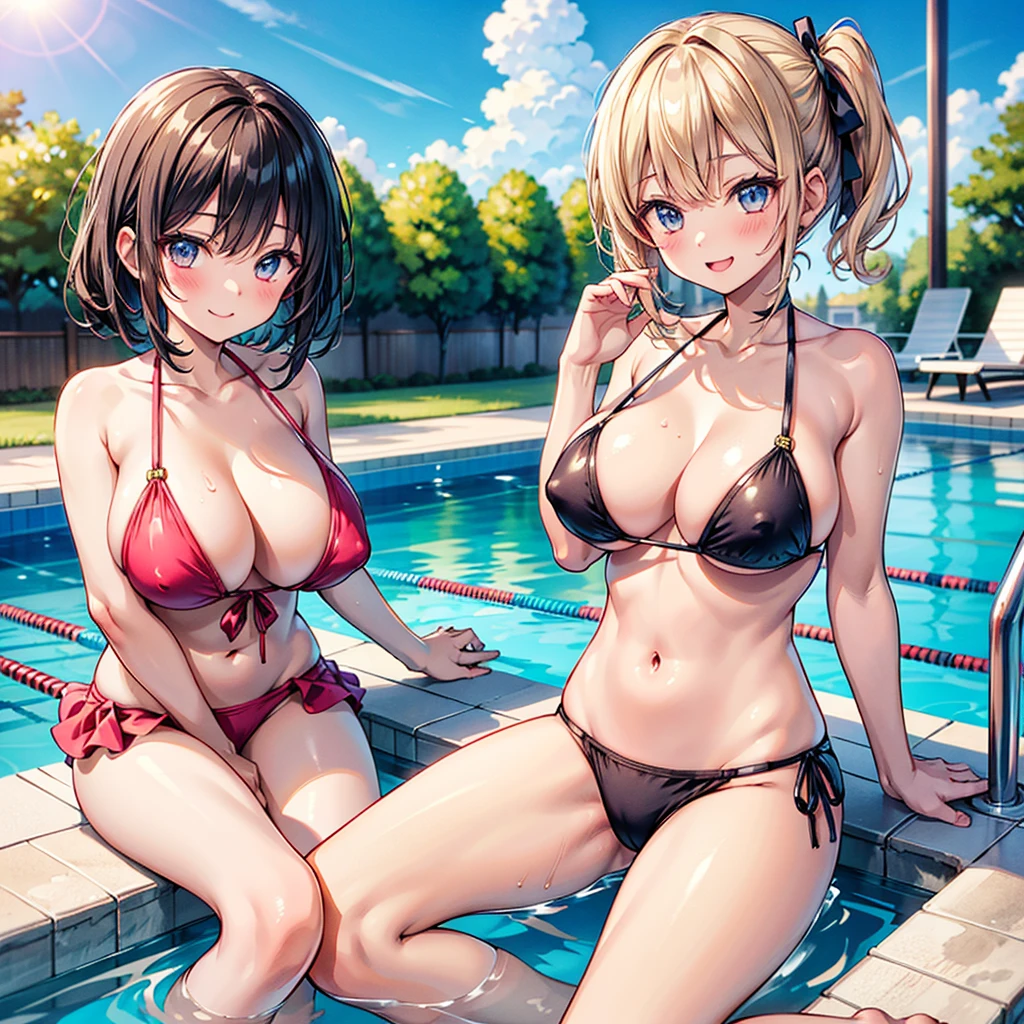 Anime Moe Art Style,Highest quality,High resolution,Anatomically correct,Multiple Girls,Mid-s,Mr.々Hair style,Super detailed,Big Breasts,Shiny skin,Beautiful Skin,A rich expression,A big smile,high school girl,Nipples are visible,Swimwear,Pool,Poolサイド,Outdoor,Swimwearをはだけて胸元を見せる,Sexy pose,Eyes drawn in detail,8K