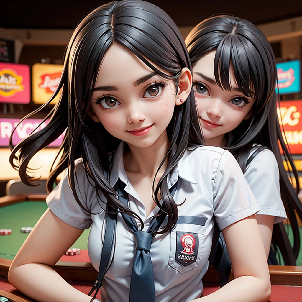 happy and smile, {{indonesian girl}}, {wearing high school uniform}, teasing and waiting customer play, standing, playing in casino, red casino background, polite and kind, Sweet Face, roulette table, poker table, big slot machines right and left, win jackpot, {{no headwear, no hat}}, private casino, crowded gambling area in background, so crowded, so many people, las vegas, american, illusions