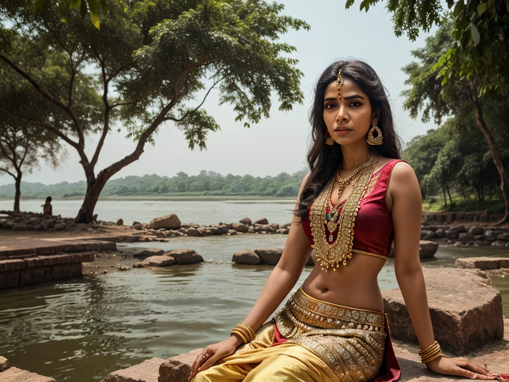 a detailed portrait of Lord Rama, ornate jewelry, traditional indian clothing, sitting by the Mahanadi river in Chhattisgarh, Seorinarayan vilasge, serene landscape, lush greenery, old stone temple in the background, dramatic lighting, intricate details, vivid colors, photorealistic, 8k, best quality