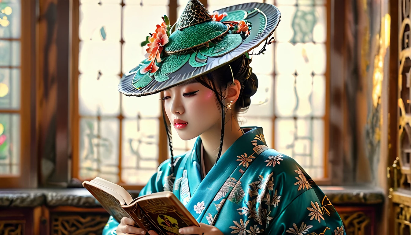A photo of a member of the Imperial Family wearing a kimono, a Karahon Mikage hat and reading an old book from behindcentered, scale fit, rule of thirds, (shiny Egyptian ornaments), high resolution, sharp focus, (ultra detailed, highly detailed), (photorealistic artwork:1.37), (highly detailed CG Unity 8k wallpaper), (((vibrant colors, vibrant theme))), (intricate), (masterpiece), (best quality), art photography, (photo by sldr), (intricate background), perfectly rendered face, perfect facial details, realistic face, photorealistic, ((intricate details)), (((realism))),