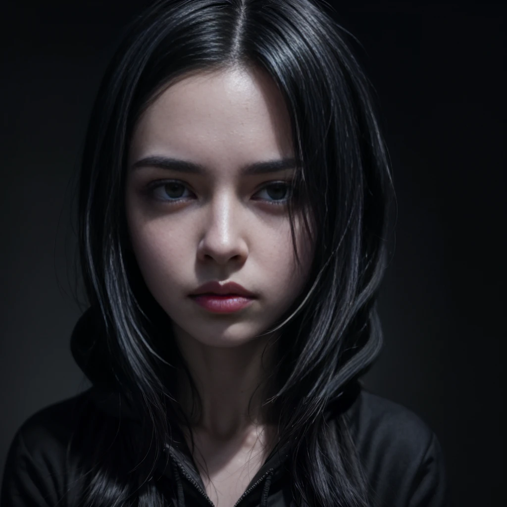 a gothic emo girl with dark intense eyes, beautiful piercing gaze, long eyelashes, detailed facial features, black hair, emotive expression, black hoodie, dark aesthetic, dramatic lighting, cinematic composition, moody color palette, brooding atmosphere, masterpiece, 8k, photorealistic