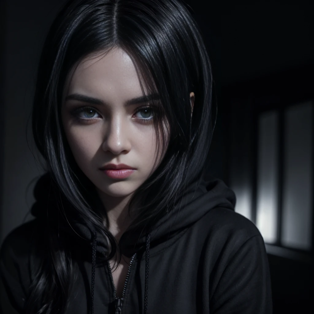 a gothic emo girl with dark intense eyes, beautiful piercing gaze, long eyelashes, detailed facial features, black hair, emotive expression, black hoodie, dark aesthetic, dramatic lighting, cinematic composition, moody color palette, brooding atmosphere, masterpiece, 8k, photorealistic
