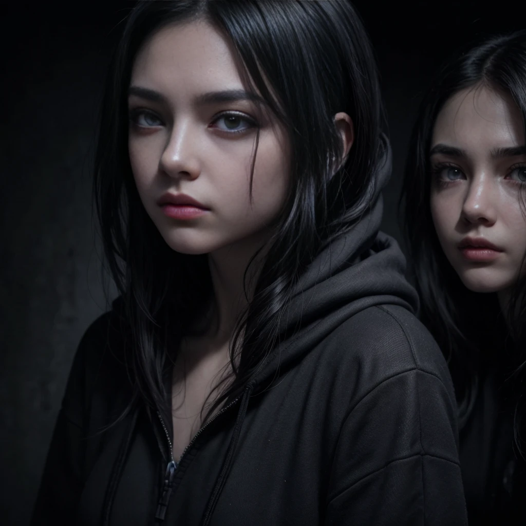 a gothic emo girl with dark intense eyes, beautiful piercing gaze, long eyelashes, detailed facial features, black hair, emotive expression, black hoodie, dark aesthetic, dramatic lighting, cinematic composition, moody color palette, brooding atmosphere, masterpiece, 8k, photorealistic