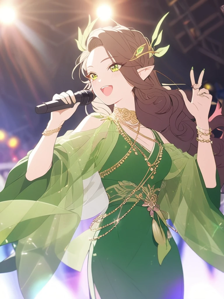 1femboy, beautiful, elven, brown hair, long curly hairstyle, glowing green eyes, concert, singer, elegant, traditional thai costume,