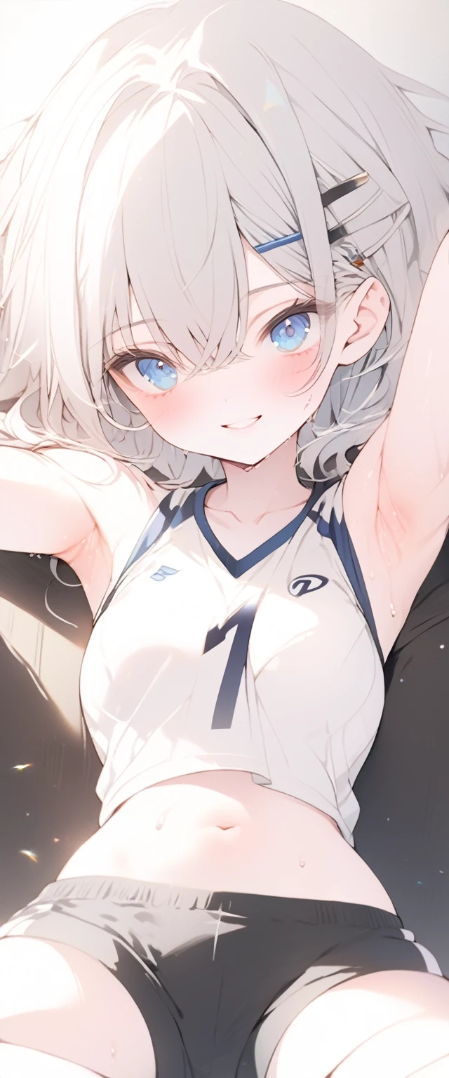 beautiful, masterpiece, Highest quality, anime, One girl, C Cup,Portrait Shot, View your viewers, Covered、Short Hair、nearby、Blue Eyes、art、、White hair,Blue streaked hair、hairpin、Cute smile、Thighs、Cute、Sweat、Volleyball uniform、Shorts、navel、Armpit、Armpit広げ、gym、Sitting cross-legged