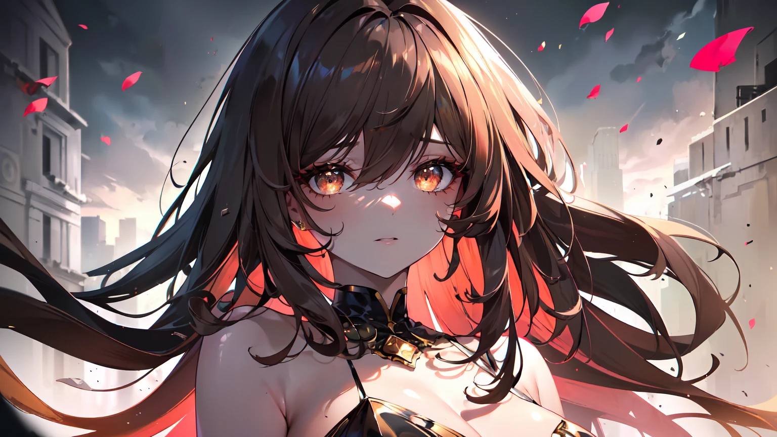((((Obra maestra, La mejor calidad, ultrahigh resolution)))), 1girl, standing,), ((long pure brown hair, hair over eye)), long hair cut, shiny skin, ((golden eyes)), glowing_eyes, neon eyes, (ultra detailed eyes:0.7, beautiful and detailed face, detailed eyes:0.9), ((centered)), smirk, facing viewer, ((vibrant background, dark lighting, summer, sunlight)), large chested, looking at viewer, ((half closed eyes)), ((perfect hands)), (((head:1, arms, hips in view, elbows, in view))), ((hands behind back)), empty eyes, beautiful lighting, ((outside, outdoors)), defined subject, head tilt, (((gritty)), ((creepy)), ((cool)), ((beautiful)), (((SFW))), hair ornament, petals in the air, moon in the sky, city, mature woman, adult woman, sfw, pink and white dress, night dress, she is a princess, large chest, big boobs, 
