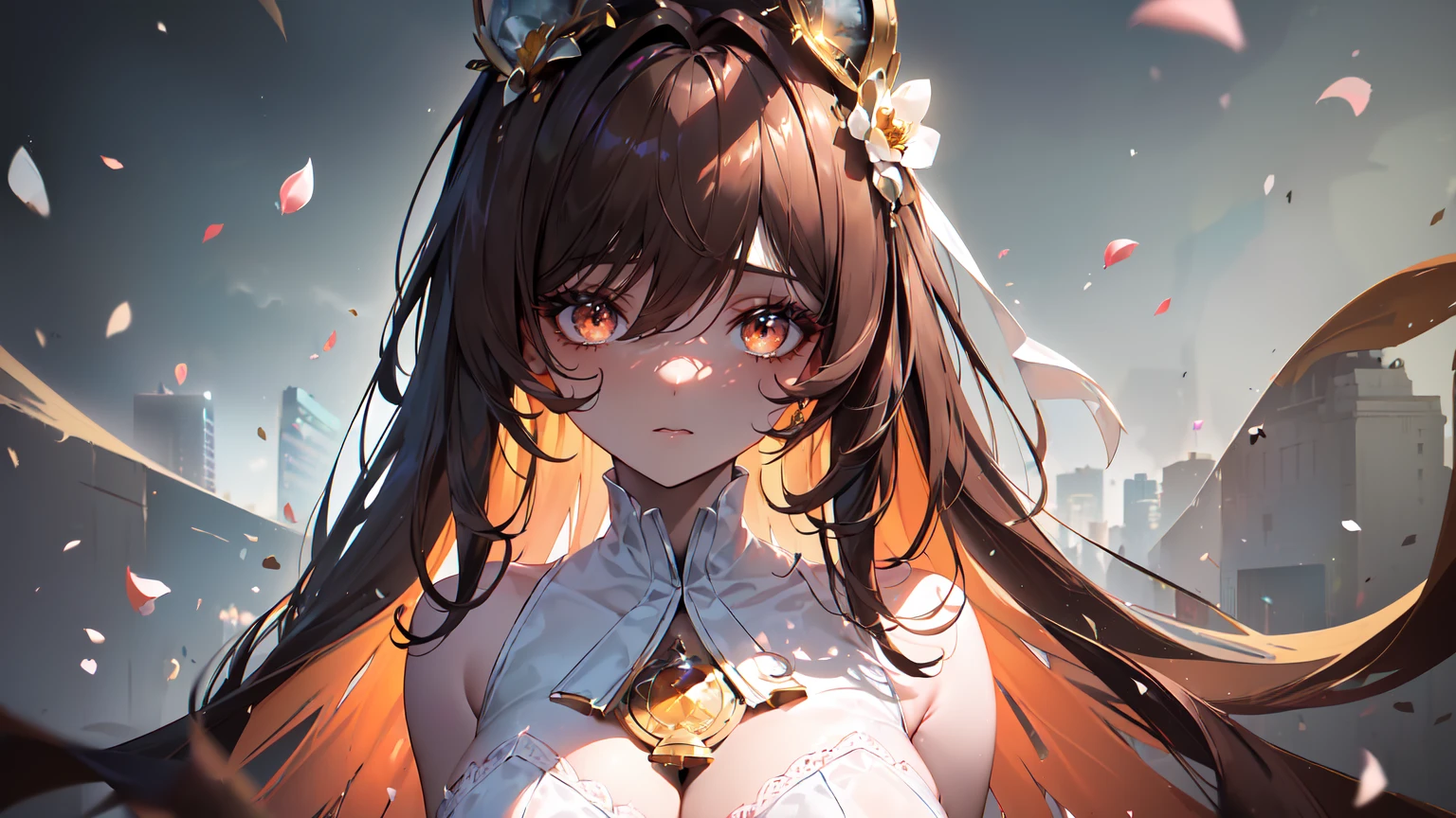 ((((Obra maestra, La mejor calidad, ultrahigh resolution)))), 1girl, standing,), ((long pure brown hair, hair over eye)), long hair cut, shiny skin, ((golden eyes)), glowing_eyes, neon eyes, (ultra detailed eyes:0.7, beautiful and detailed face, detailed eyes:0.9), ((centered)), smirk, facing viewer, ((vibrant background, dark lighting, summer, sunlight)), large chested, looking at viewer, ((half closed eyes)), ((perfect hands)), (((head:1, arms, hips in view, elbows, in view))), ((hands behind back)), empty eyes, beautiful lighting, ((outside, outdoors)), defined subject, head tilt, (((gritty)), ((creepy)), ((cool)), ((beautiful)), (((SFW))), hair ornament, petals in the air, moon in the sky, city, mature woman, adult woman, sfw, pink and white dress, night dress, she is a princess, large chest, big boobs,
